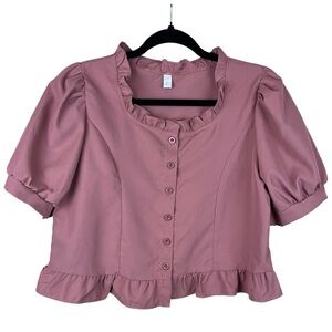 Dusty Pink Ruffled Cropped Blouse, Button Front, Puffy Sleeves, M